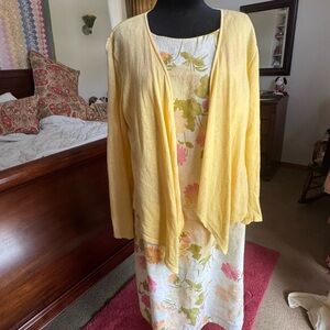 J. Jill Floral Linen dress with Yellow Cardigan Sweater